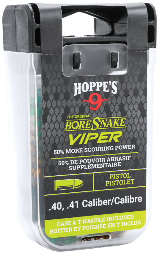 Hoppe's Boresnake® Viper with Den Pistol for .40/.41, includes bronze brushes and T-handle in labeled plastic case.