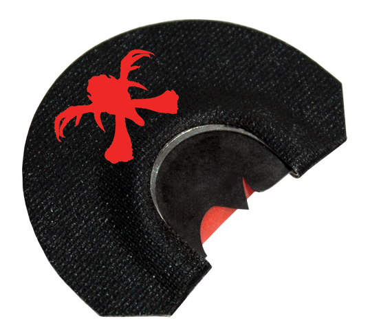 A black Primos Long Hooks with Upper Cut Turkey Call features a red logo of a running figure holding an object.