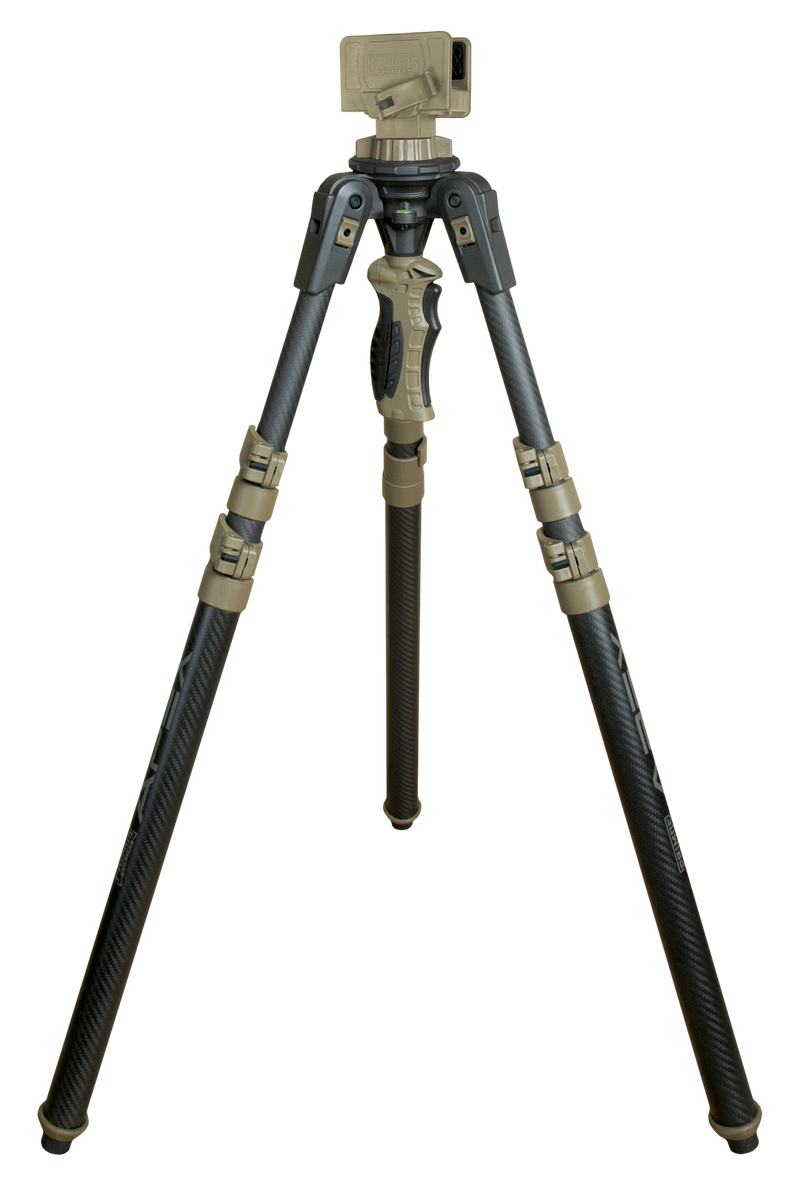 Load image into Gallery viewer, The Primos Trigger Stick Apex Carbon Fiber Tripod with adjustable legs stands open on a white background.
