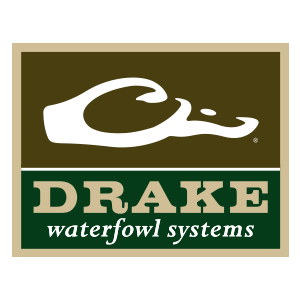Drake Waterfowl Systems logo with a stylized duck head above the brand name and tagline on a green and brown background.