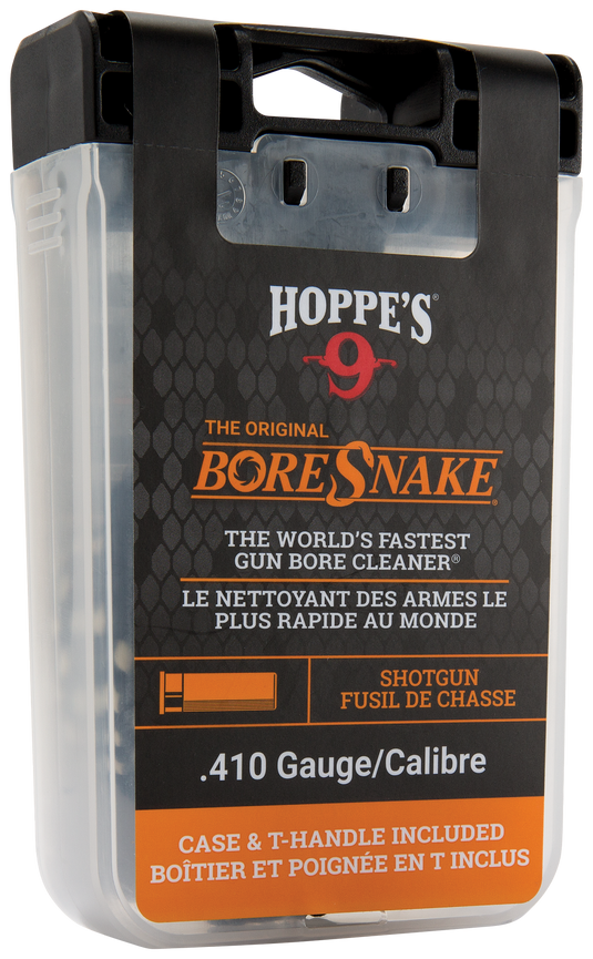 Hoppe's BoreSnake gun bore cleaner .410-gauge packaging with black and orange design.