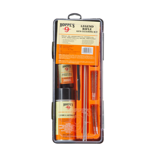 Hoppe's Legend Rifle Gun Cleaning Kit with tools and bottles in clear case on white background