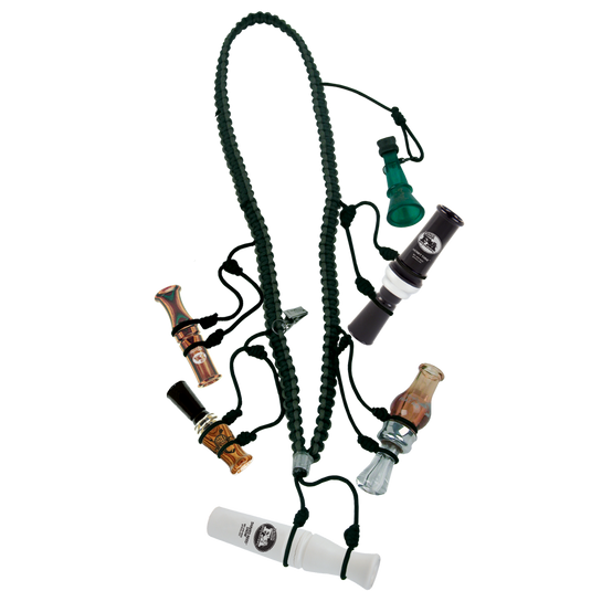 The Primos Waterfowler's 5 Call Lanyard, in green with split rings and black cords, holds five duck calls.