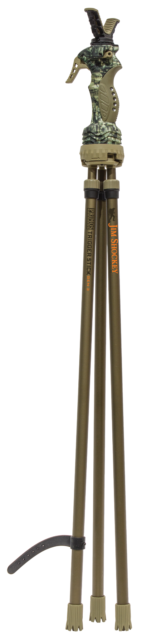 Load image into Gallery viewer, The Primos Gen3 Tall Tripod Shooting Stick features a camo finish, three legs, and a unique animal-shaped handle.
