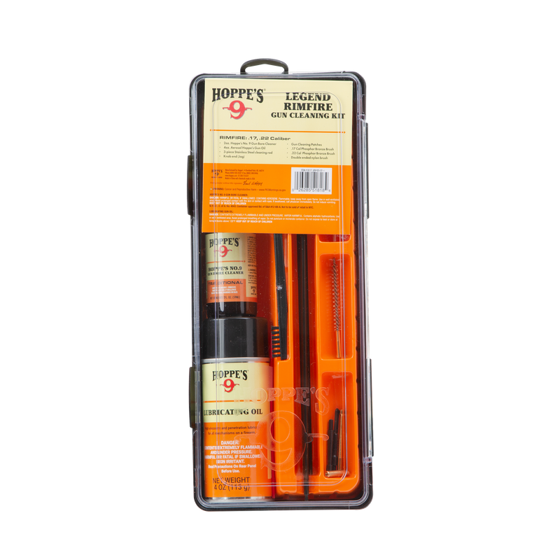 Load image into Gallery viewer, Hoppe's Legend Rimfire Gun Cleaning Kit with tools and oil on a white background

