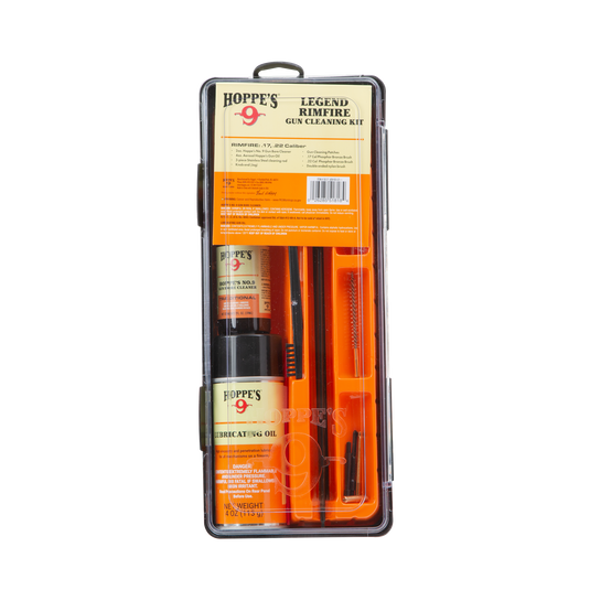 Hoppe's Legend Rimfire Gun Cleaning Kit with tools and oil on a white background