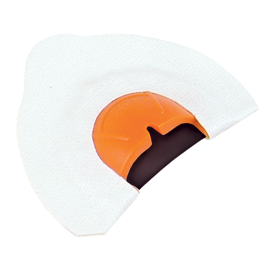 A slice of orange partially covered by a Primos Mini Sonic Dome® Single Elk Call against a plain background.
