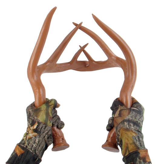 Gloved hands hold Primos Fightin' Horns deer rattling antlers—essential hunting accessory on white background.