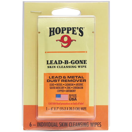 Hoppe's Lead-B-Gone skin cleansing wipe 6-pack packaging on a white background