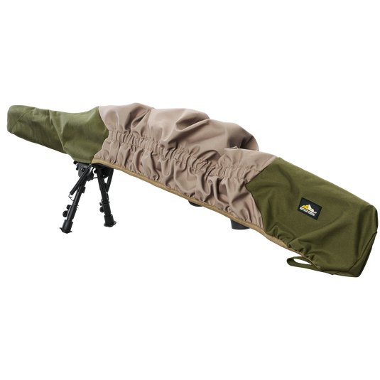 The Butler Creek Element Gun Cover (Standard), green/tan with logo, fits scoped rifles for protection.