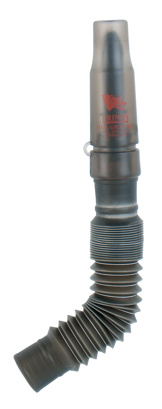 The Primos Hog Grunter is a plastic hog call with an accordion tube and mouthpiece on a white background.