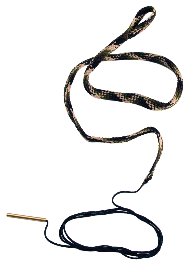 Load image into Gallery viewer, A Hoppe's Boresnake® for rifles, loosely coiled on a white background, features a camouflage pattern and metal tip.
