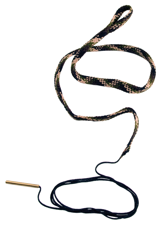 A Hoppe's Boresnake® for rifles, loosely coiled on a white background, features a camouflage pattern and metal tip.