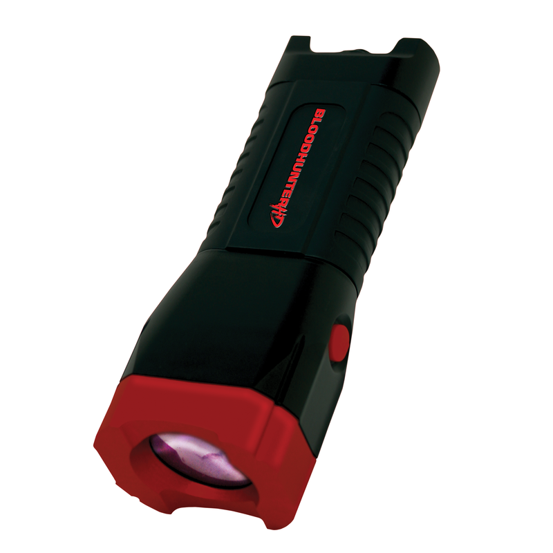 Load image into Gallery viewer, The Primos Bloodhunter HD is a black and red handheld flashlight with blood-trailing tech and a textured grip.
