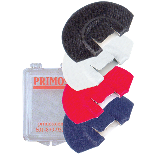 Four vibrant Primos Sound Plate Series - Select 4 Elk Calls stacked before a clear case with orange branding.