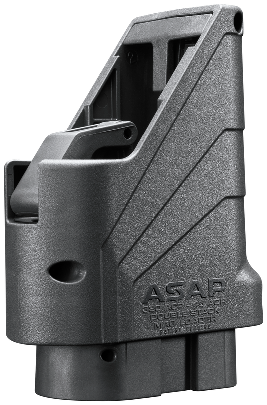 The Butler Creek ASAP™ Universal Double Stack Mag Loader is black with a textured grip and 