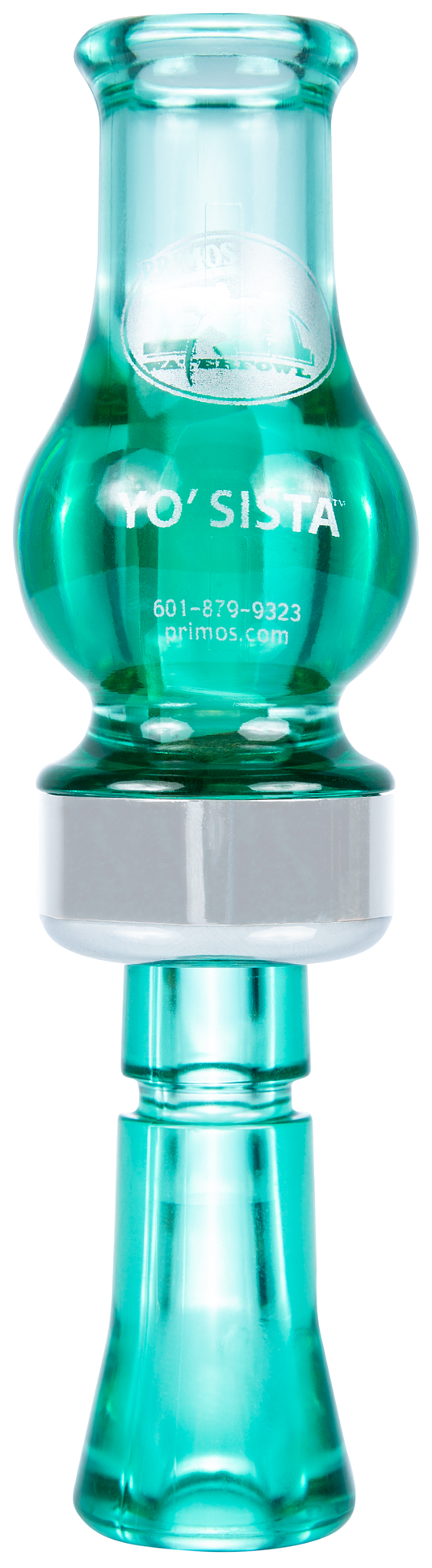Teal plastic Primos Power Drake & Duck Whistle, larger design, with phone number and website on the label.