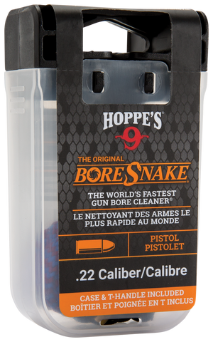 A plastic package of Boresnake® Den Pistol, a .22 caliber bore cleaning tool. The black and orange bilingual (English/French) packaging features a window displaying part of this essential firearm cleaning accessory.