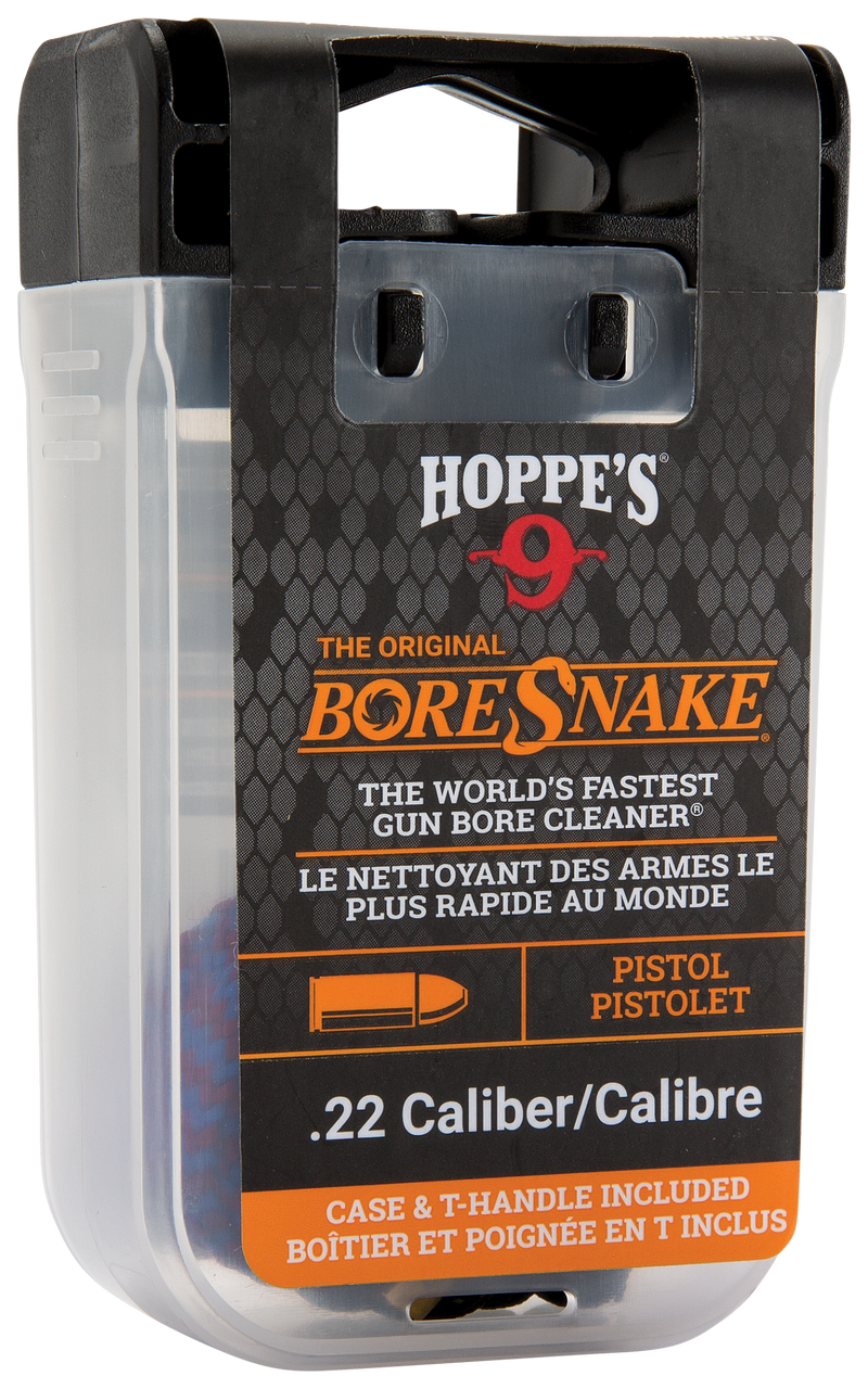 Load image into Gallery viewer, A plastic package of Boresnake® Den Pistol, a .22 caliber bore cleaning tool. The black and orange bilingual (English/French) packaging features a window displaying part of this essential firearm cleaning accessory.
