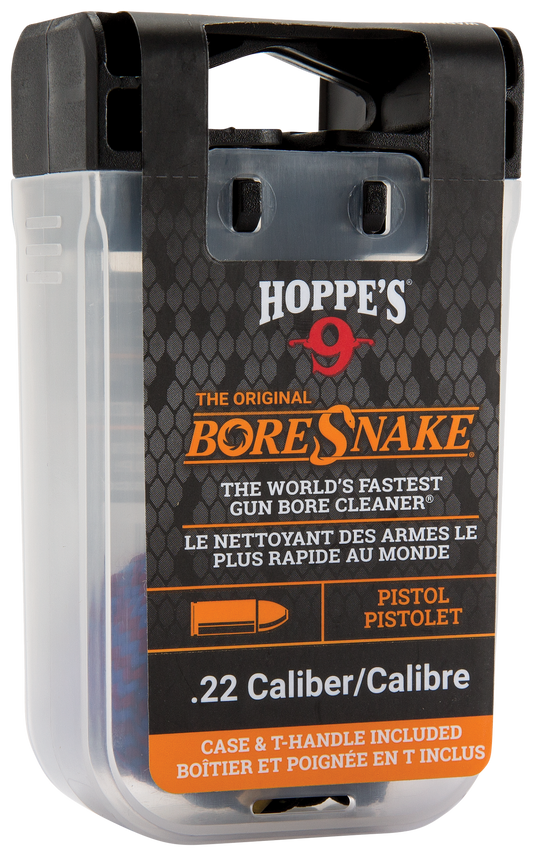 A plastic package of Boresnake® Den Pistol, a .22 caliber bore cleaning tool. The black and orange bilingual (English/French) packaging features a window displaying part of this essential firearm cleaning accessory.