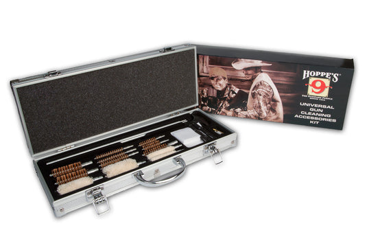 Hoppes gun cleaning kit with open case displaying tools and packaging on a white background