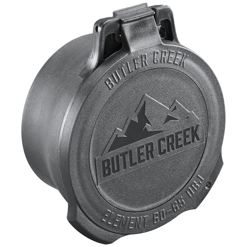 Load image into Gallery viewer, The Element Scope Caps - Objective, in black with a mountain logo and raised BUTLER CREEK text, provide dependable lens protection for rifle scopes, displayed closed on a plain white background.
