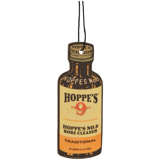 Hoppe's No. 9 Bore Cleaner bottle-shaped air freshener on a white background