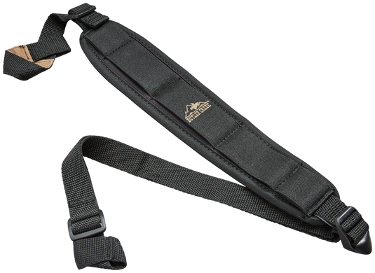 The Butler Creek Comfort Stretch® Shotgun Sling is black with clips, a mountain logo, and an adjustable padded cushion.