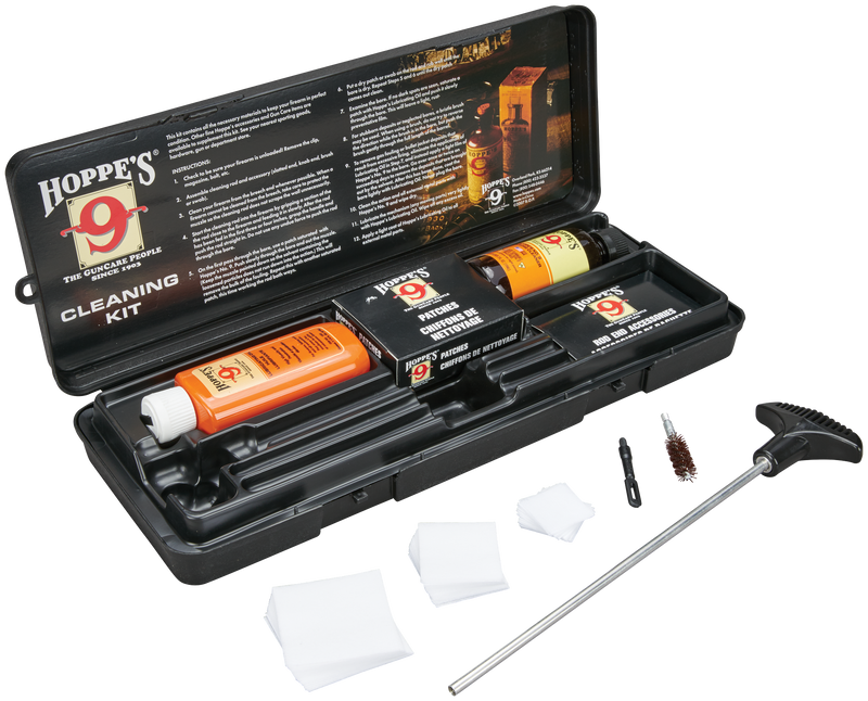 Load image into Gallery viewer, Hoppe's Pistol Cleaning Kit with Storage Box includes bore cleaner, brushes, rod, patches, and oil on a white background.
