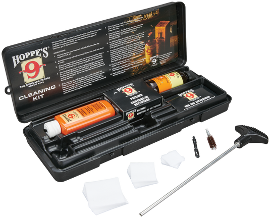 Hoppe's Pistol Cleaning Kit with Storage Box includes bore cleaner, brushes, rod, patches, and oil on a white background.