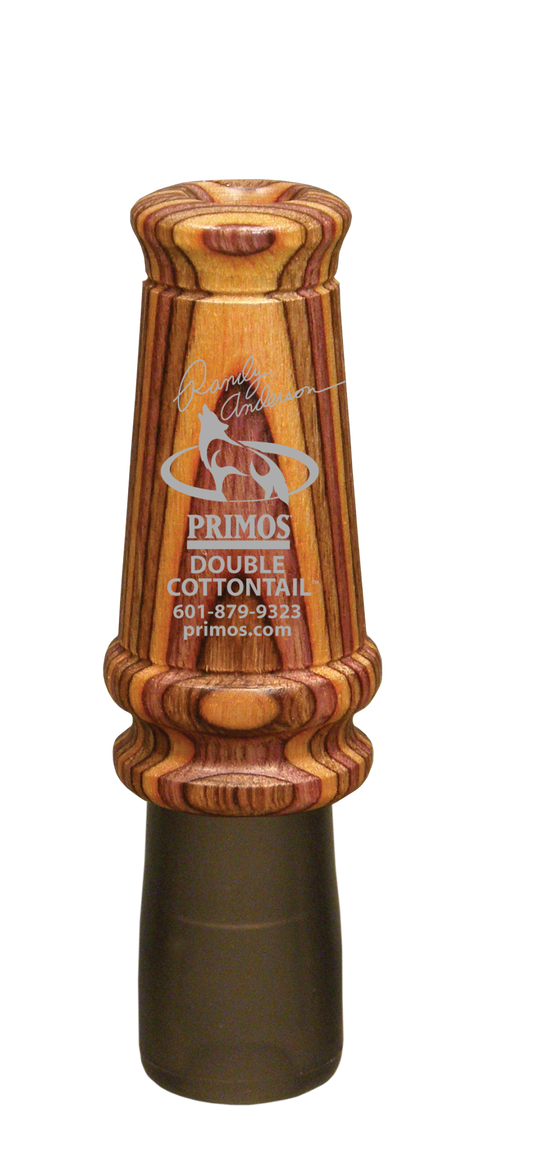 Primos Double Cottontail Rabbit Predator Call with double reed, logo engraving, and side contact info.