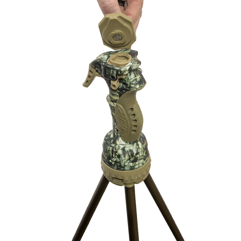 Load image into Gallery viewer, A hand opens the cap on a Primos Gen3 Tall Tripod Shooting Stick with a camouflage handle and three extendable legs.

