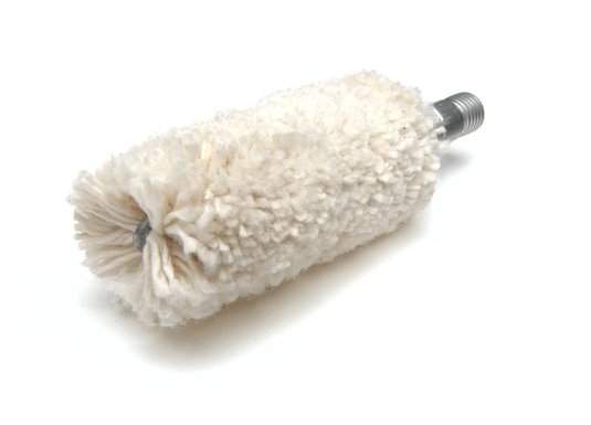 Rifle cleaning brush with a white bristle head on a white background