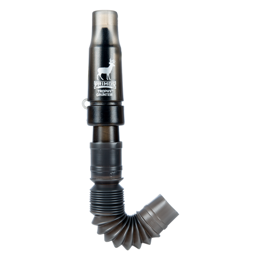 The Primos Trophy Grunter is a black and gray deer call with a flexible tube and a deer logo on top.