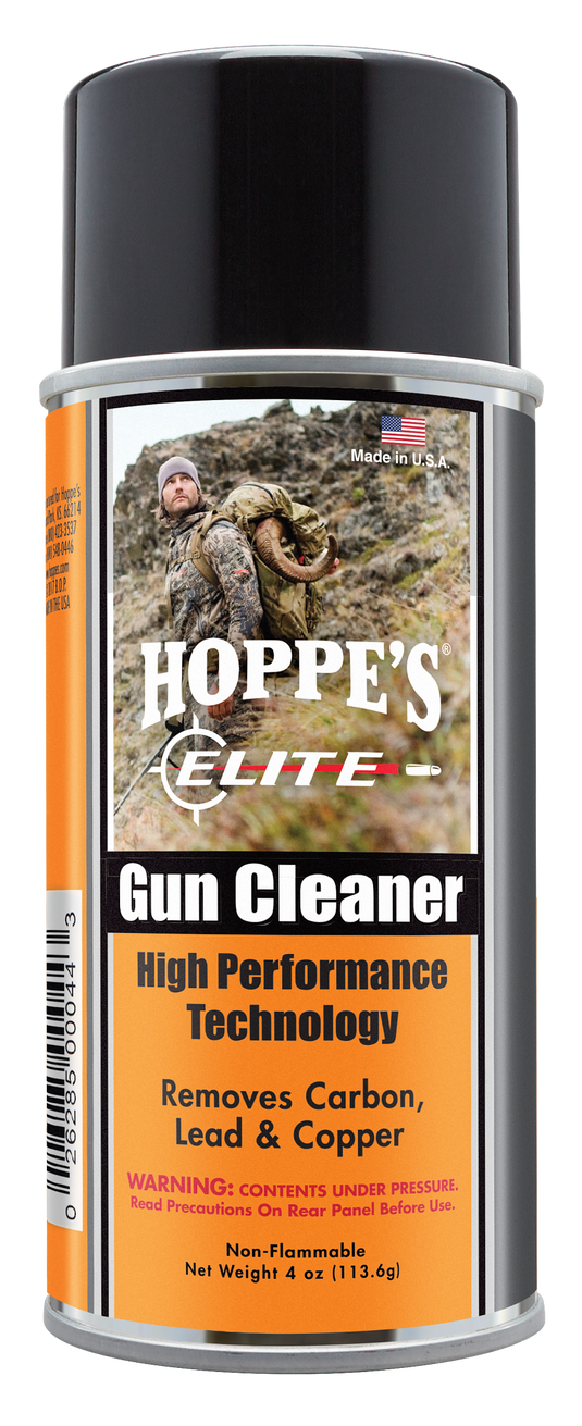 A can of Hoppe's Elite Gun Cleaner for firearm maintenance, featuring lead fouling remover on the label.