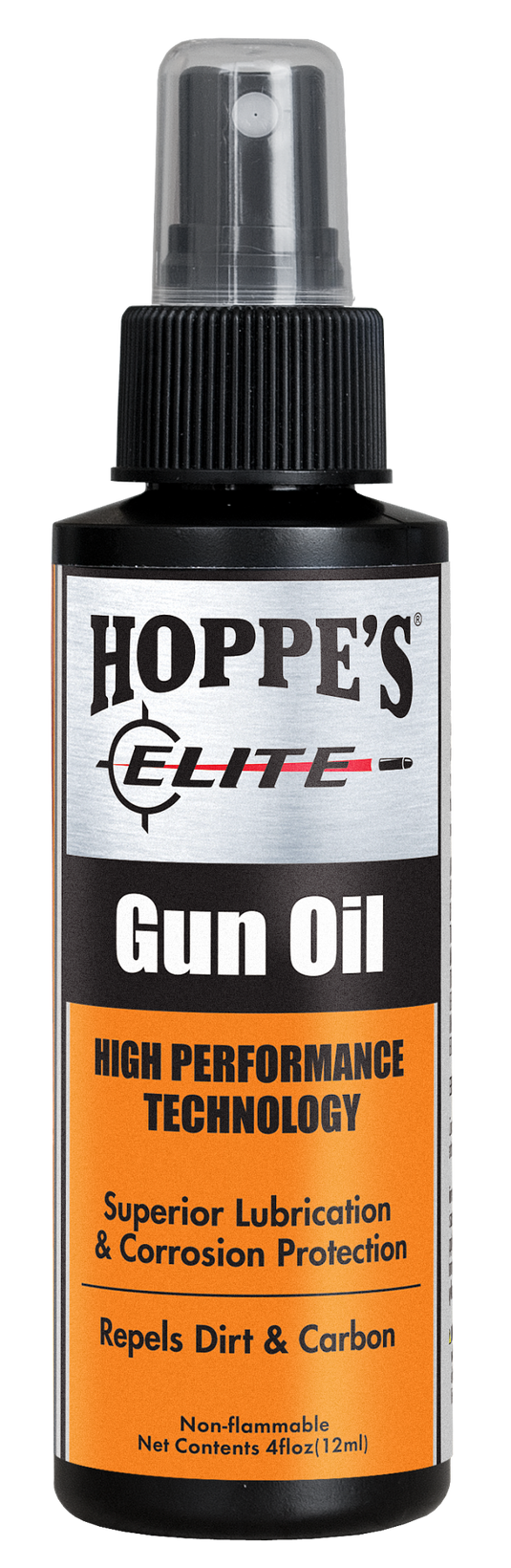 Hoppe's Elite Gun Oil 4 fluid oz spray bottle on a white background