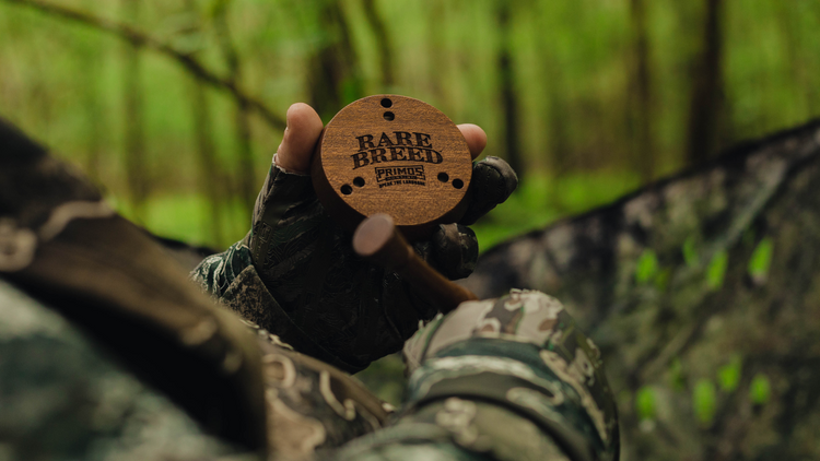 A gloved hand holds a Rare Breed Primos turkey call in a green, wooded outdoor setting.