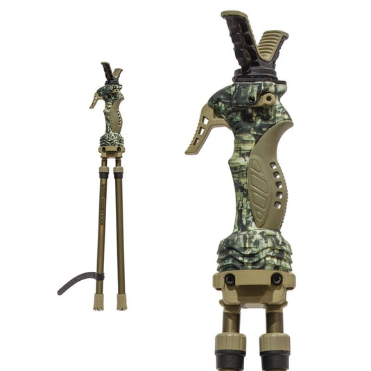 Camouflage walking stick with adjustable legs on a white background