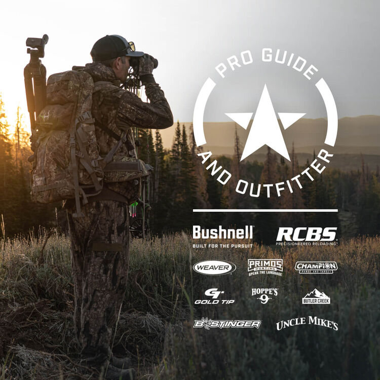 Pro Guide, loaded up with gear, looking through binoculars, with Pro Guide and Outfitter graphic, and Bushnell, RCBS, Weaver, Primos, Champion, Gold Tip, Hoppe's, Butler Creek, Bee Stinger, and Uncle Mike's logos